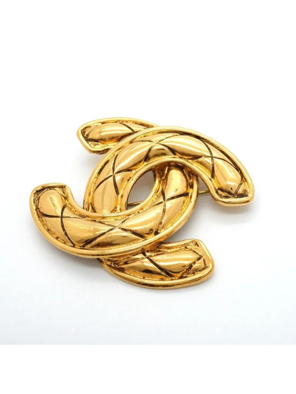 Chanel Brooch Vintage CC Logo Quilted Gold Plated